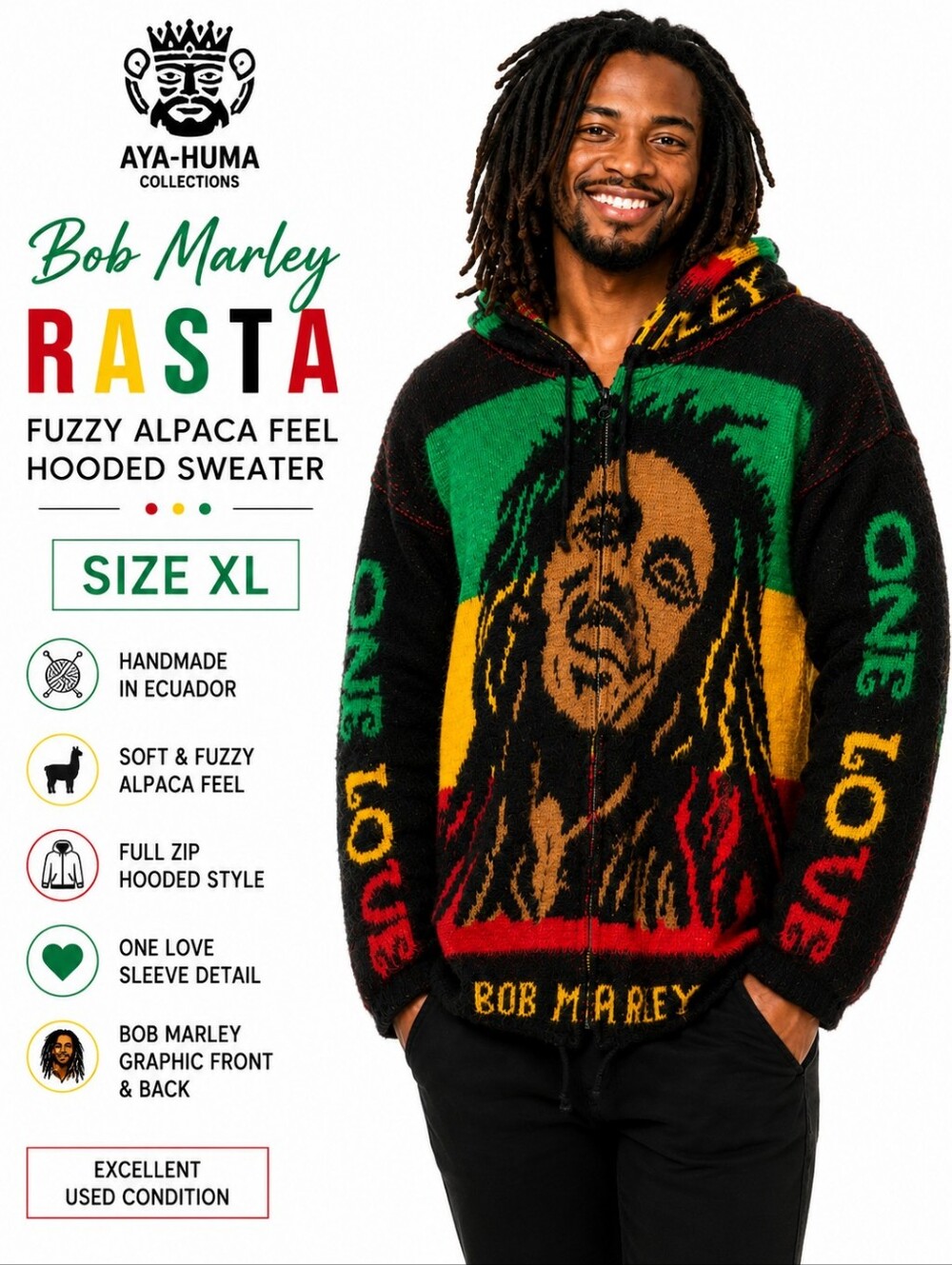 Aya-Huma Handmade Ecuador Bob Marley Rasta Full Zip Hooded Fuzzy Alpaca Wool XL